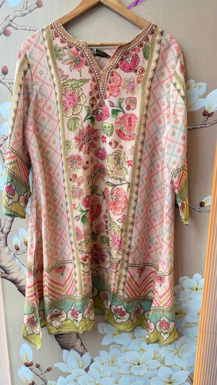 Pure chinon with beautiful pearl and zari detailing plazzo suit set in pink