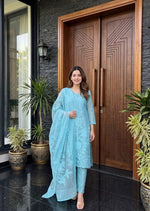 Pretty Mul chanderi cutwork suit set in blue