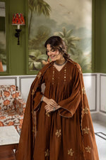 Mul Chanderi embroidered full Suit set in brown