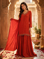 Premium chinon heavy handwork sequins and mirror work full suit in orange