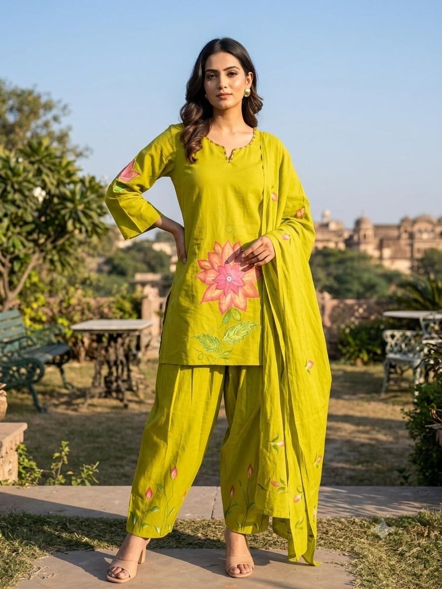 Brush painted full suit set in green in farshi salwar