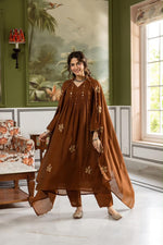 Mul Chanderi embroidered full Suit set in brown