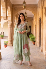 Gorgeous applique work Mul chanderi suit set in green