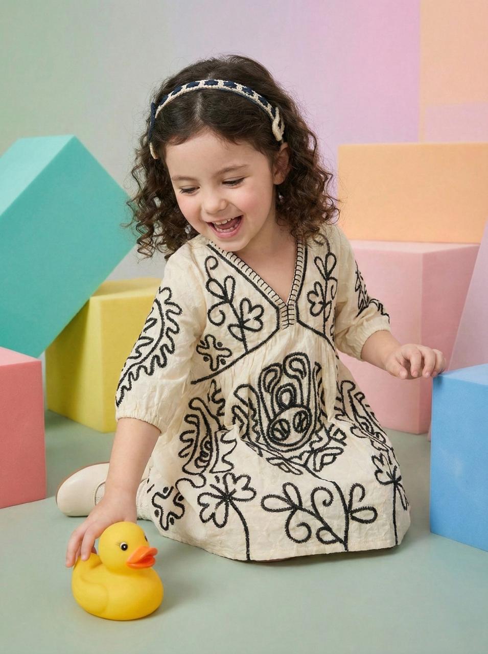 Texture cotton lining one piece dress in cream n blackKids
