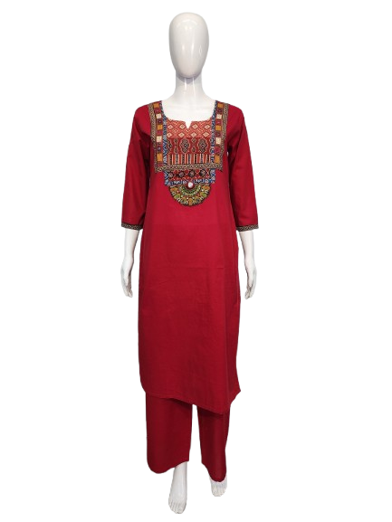 Premium cotton ajrakh detailing in red kurta pant