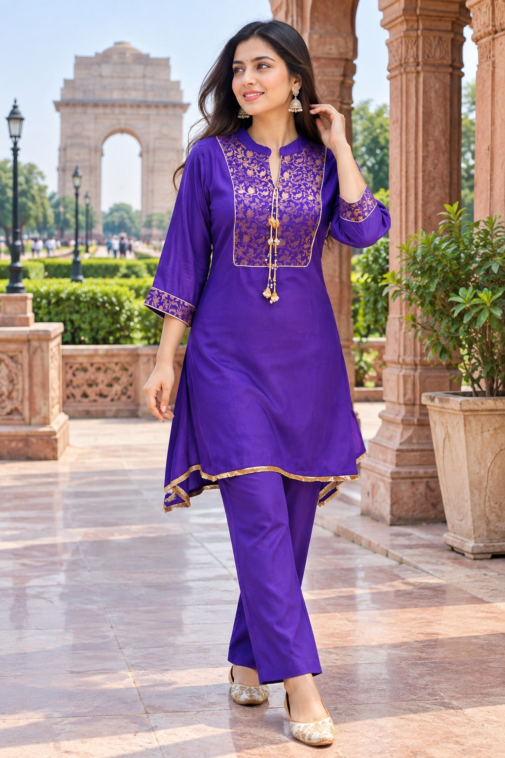 Pretty muslin brocade zari detailing co ord in purple