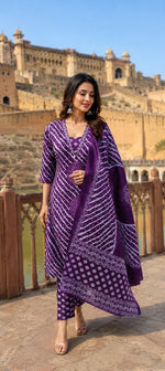 Super pretty cotton Lehariya with applique suit set in purple