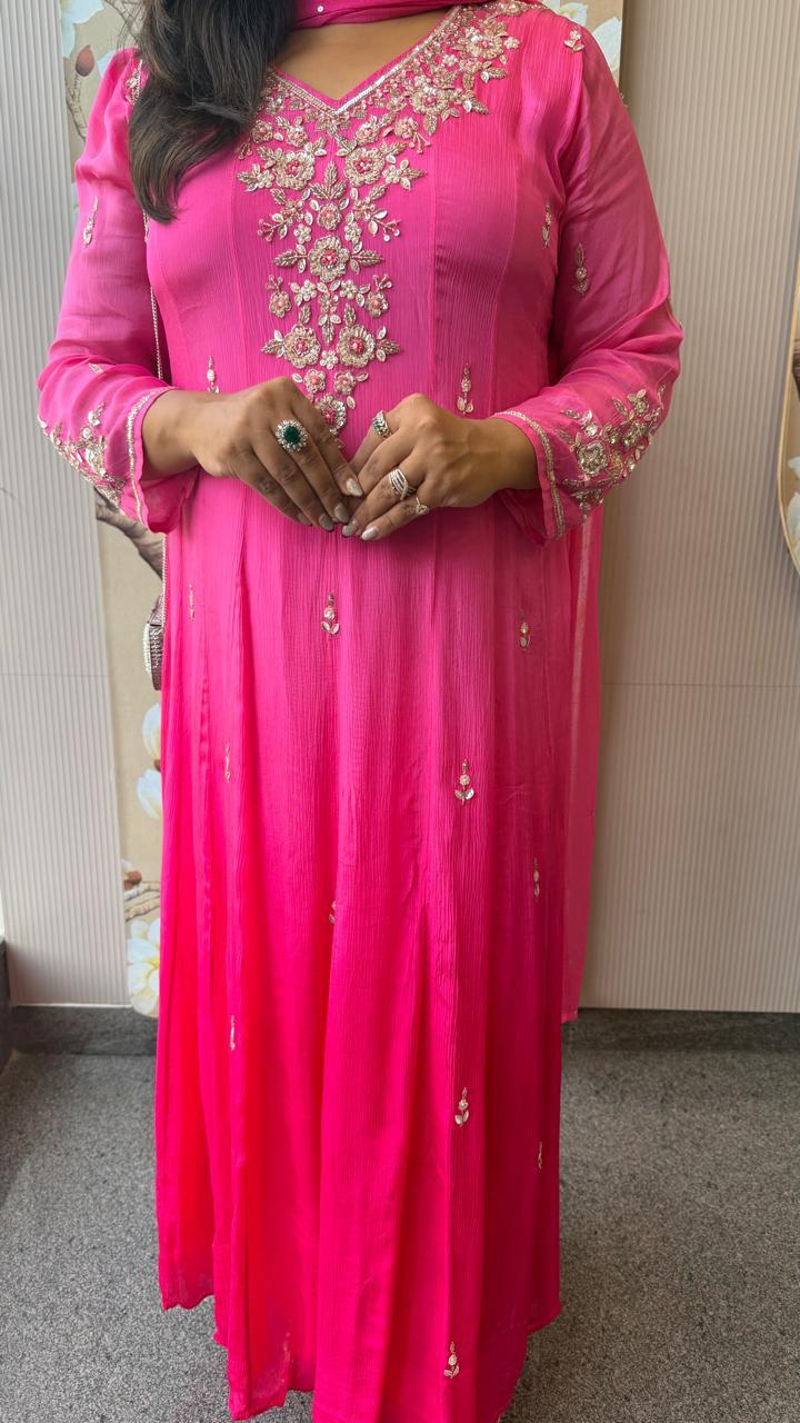 Restocked! Pure chinon ombre full handwork gorgeous Anarkali suit set in pink! Dispatch on Monday