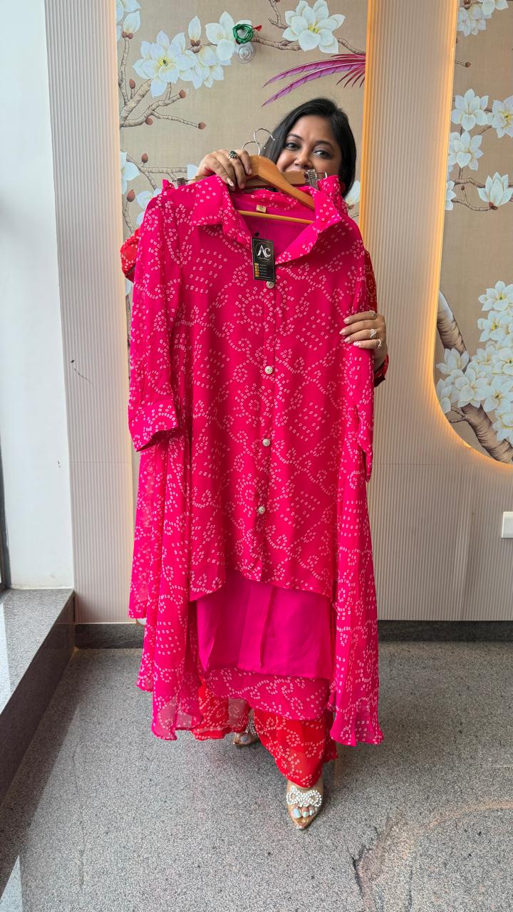 Premium georgette pink lining bandhani co ord