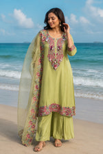 Pretty crepe silk lining embroidered suit set in green