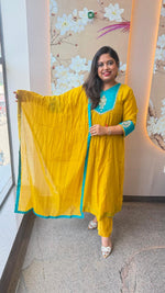 Premium Mul chanderi yellow n blue with handwork detailing