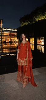 Pretty silk designer full embroidery plazzo set in orange