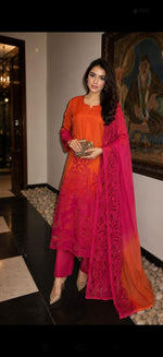 Pretty ombré cutwork suit set in orange n pink