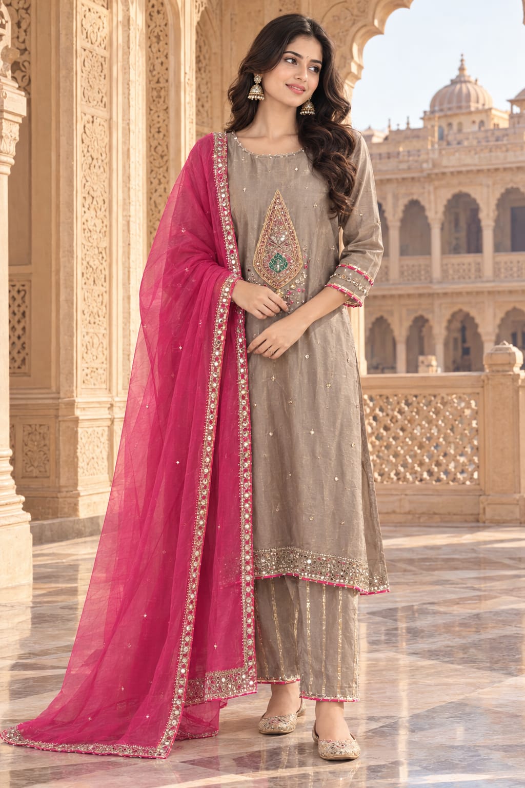Green tissue real mirror detailing suit set in brown
