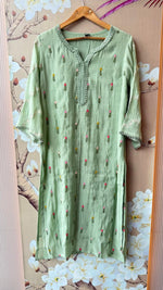 Mul chanderi fully embroidered with designer sleeves full suit set in green