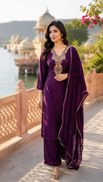 Smart Russian silk handwork suit set in wine