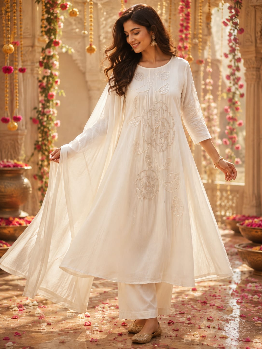 Premium chinon with handwork detailing suit set in white