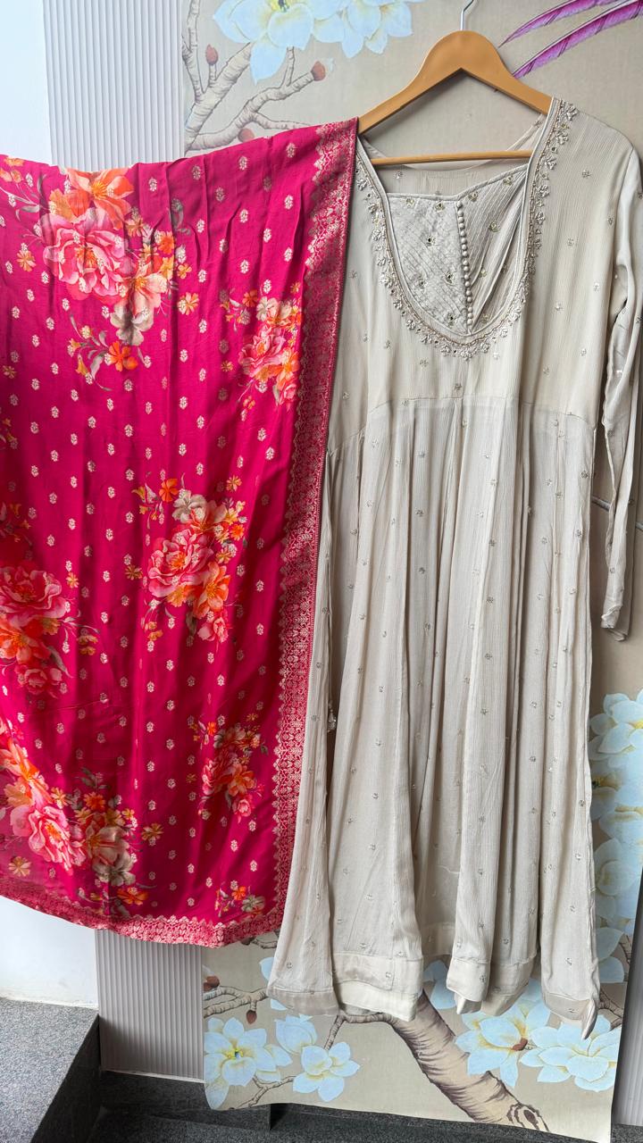 Premium chinon full sequins detailing Anarkali suit set paired with weaved banarsai dupatta in cream