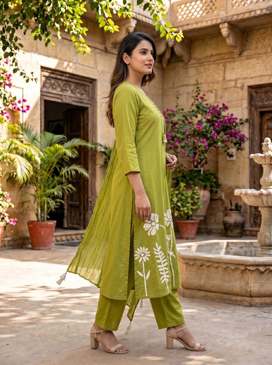 Premium cotton embroidered suit set in green
