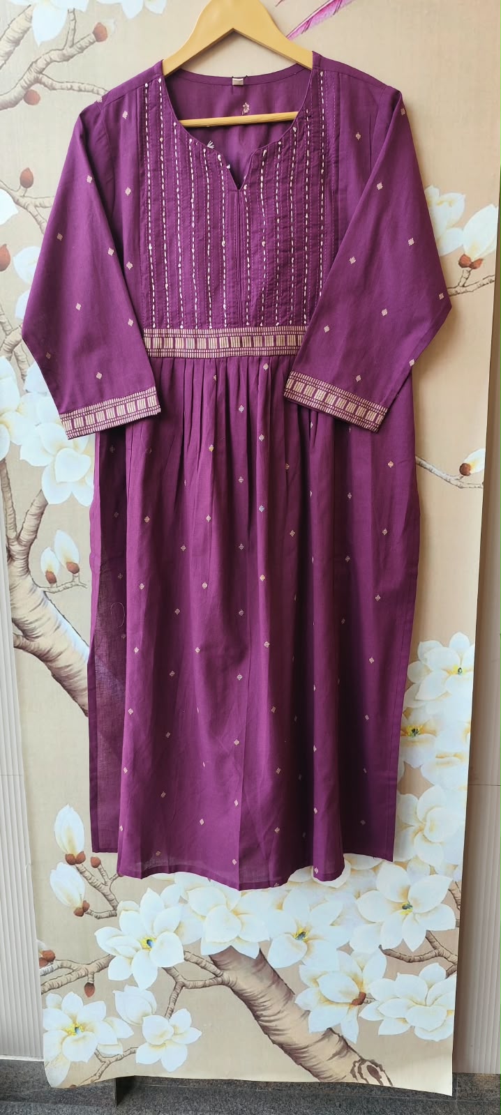 Handloom cotton katha detailing full suit set in purple
