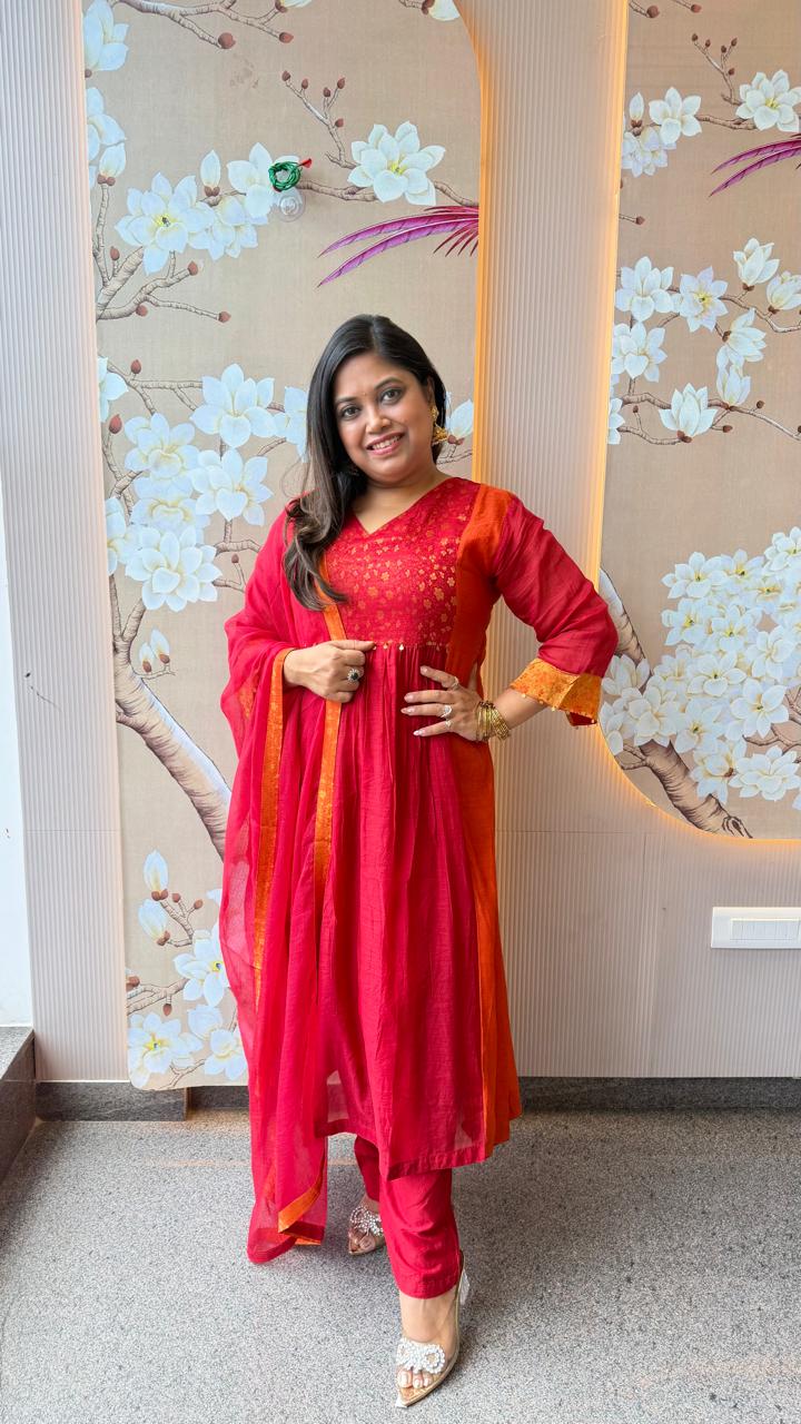 Pure Mul chanderi lining suit set with Banarasi in orange n pink
