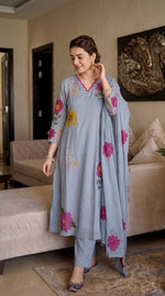 Brush painted premium Mul Chanderi Anarkali suit set in blue