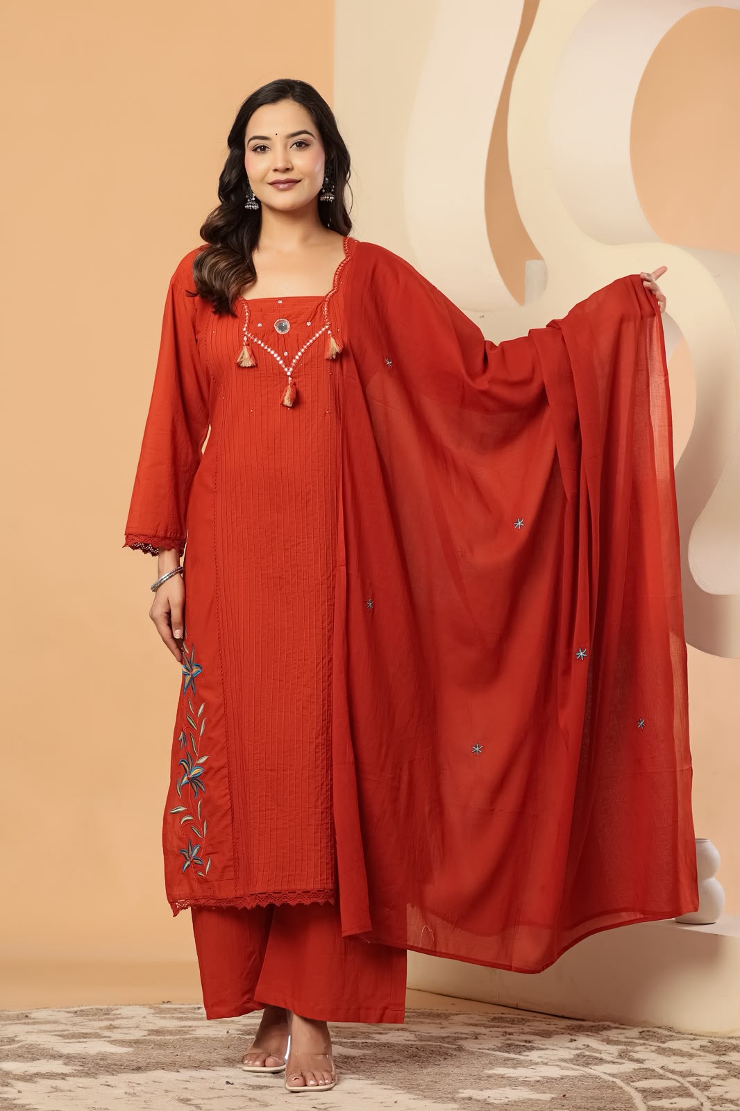 Pure cotton real mirror pintux work embroidery suit set in red
