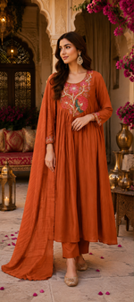 Pretty crush mulchanderi handwork suit set in rust