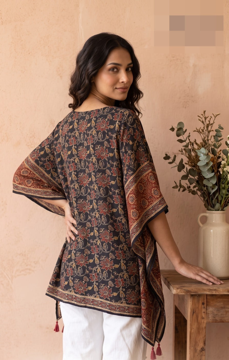 Pure crepe ajrakh kaftan top in black