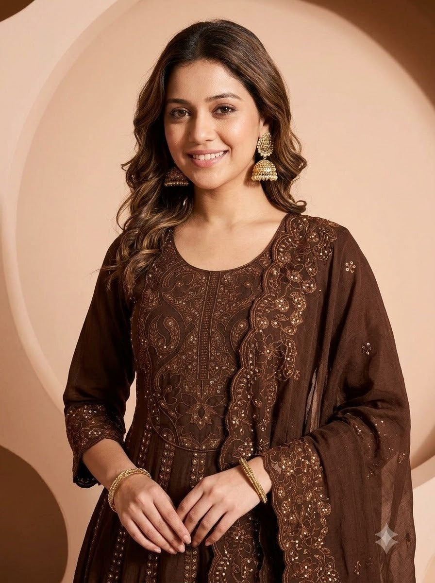Pretty cutwork mulchanderi Anarkali full suit