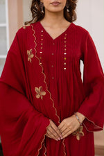 Mul Chanderi embroidered full Suit set in red