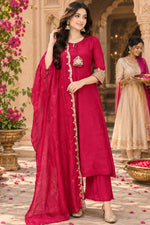 Pretty Mul chanderi with pretty handwork detailing suit set in red