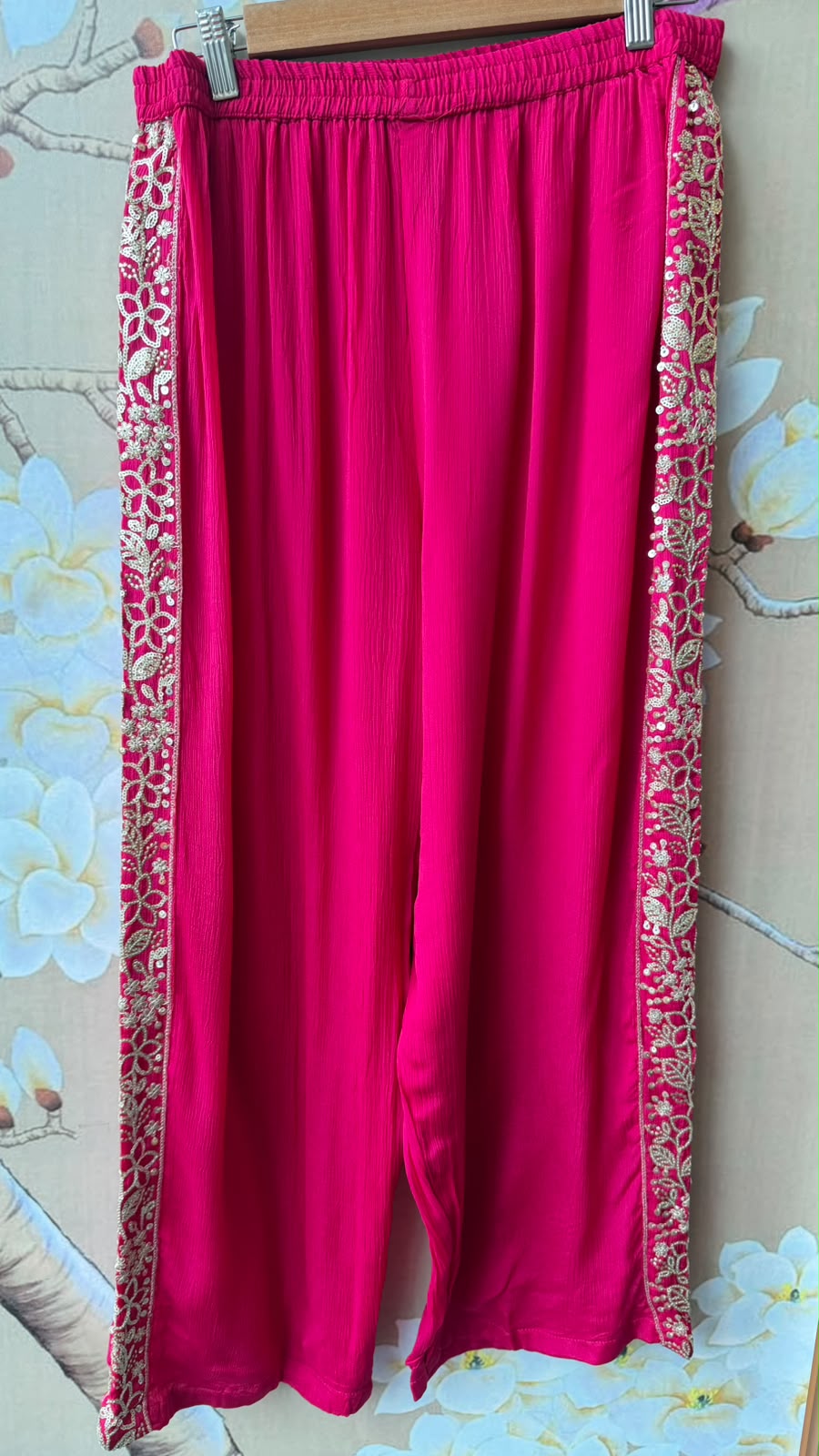 Premium chinon with lining pretty handwork co ord in Rani pink