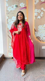 Super pretty premium chinon red n orange bandhani full suit set with gotta detailing
