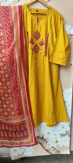 Premium cotton applique suit set in red n yellow
