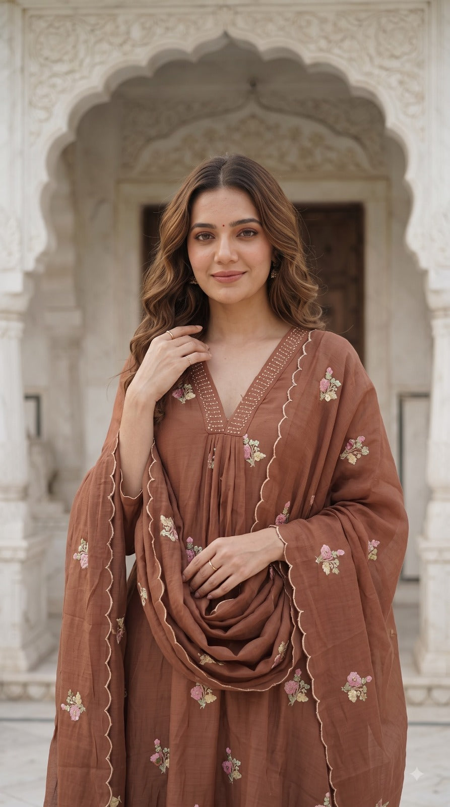 Brown Mul chanderi full suit set in brown