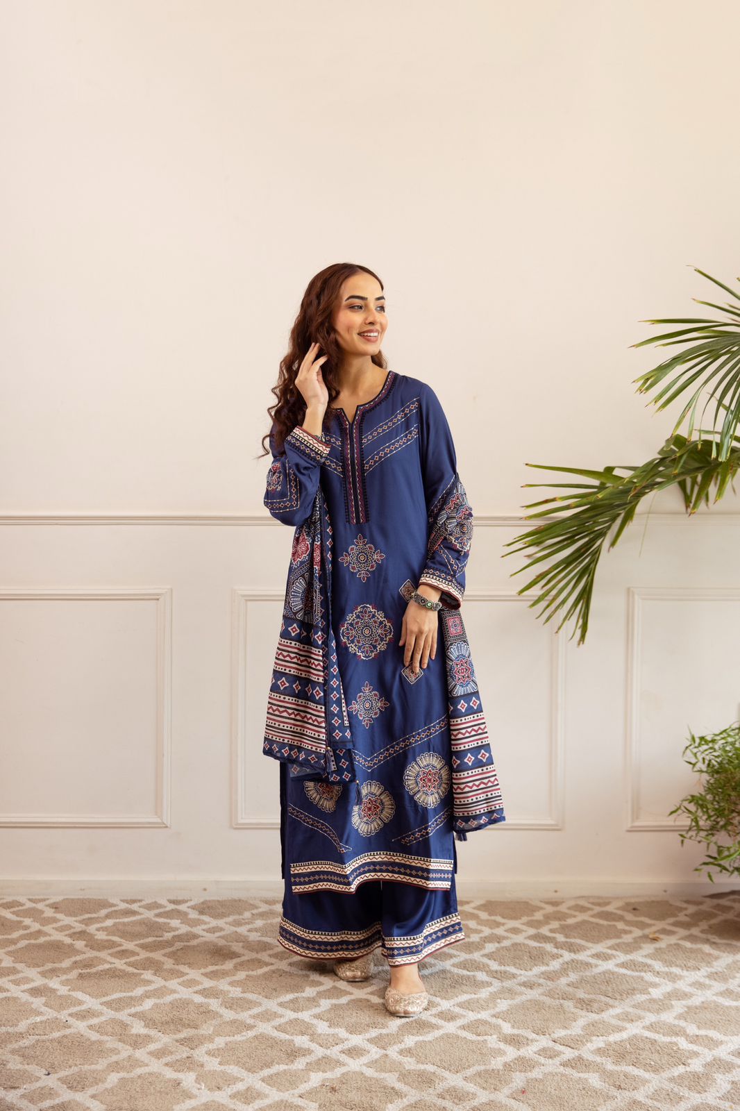 Heavy German rayon suit set paired with kalamkari dupatta in blue fully embroidered