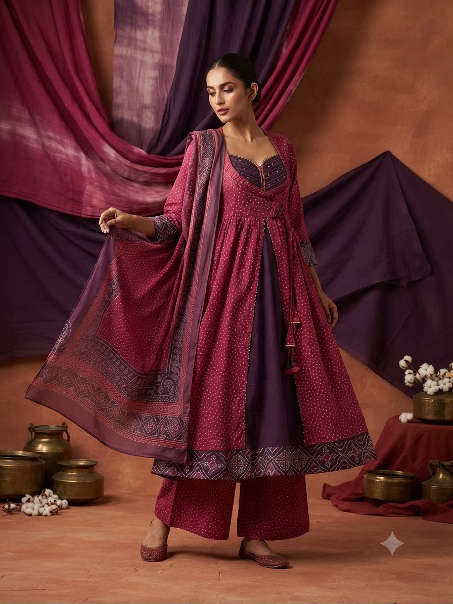 Premium cotton layered angrakha Anarkali suit set in pink n purple