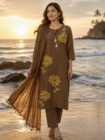 Pure cotton embroidery suit set in brown