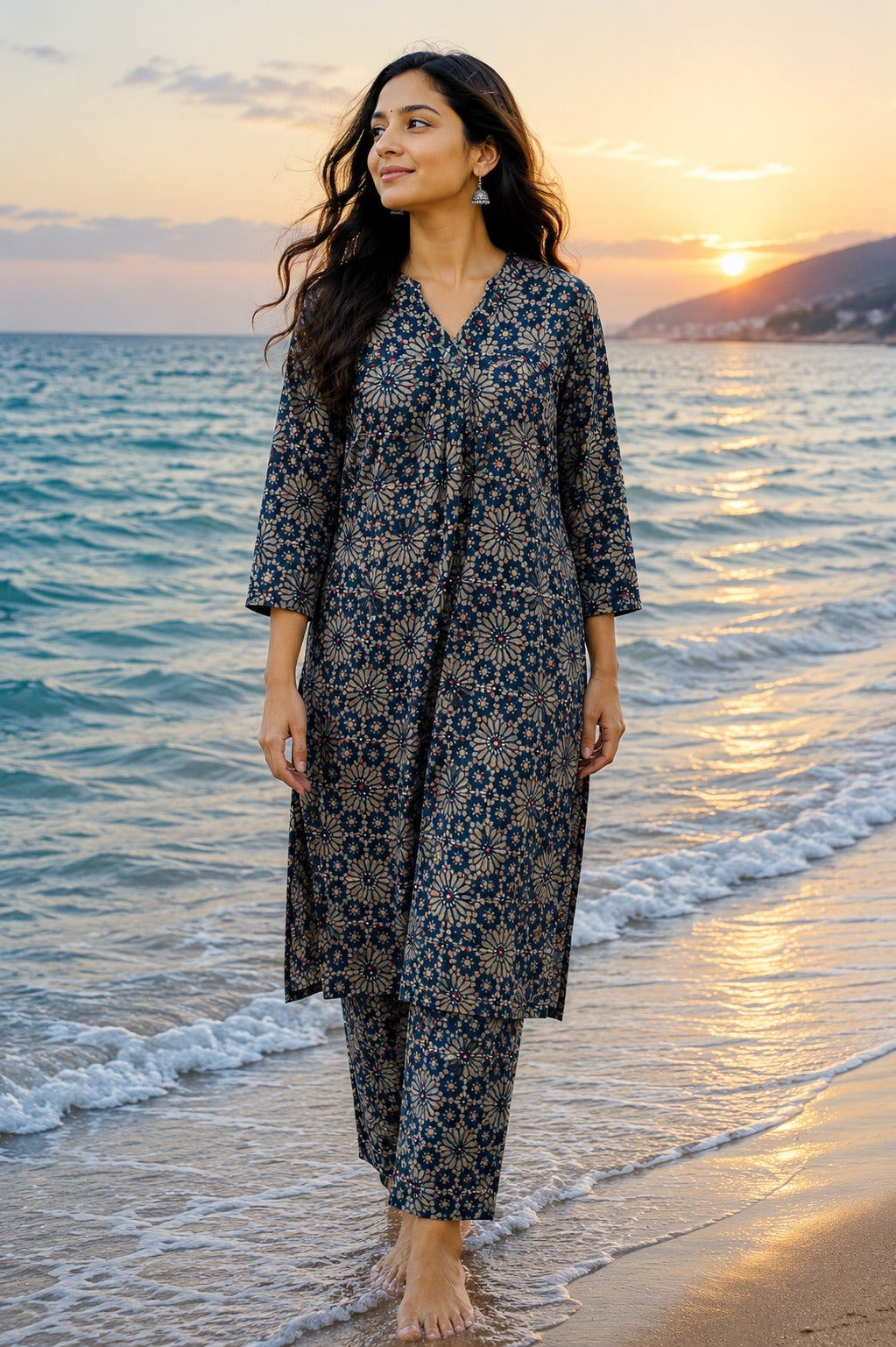 Premium katha stitch real mirror blue kurta