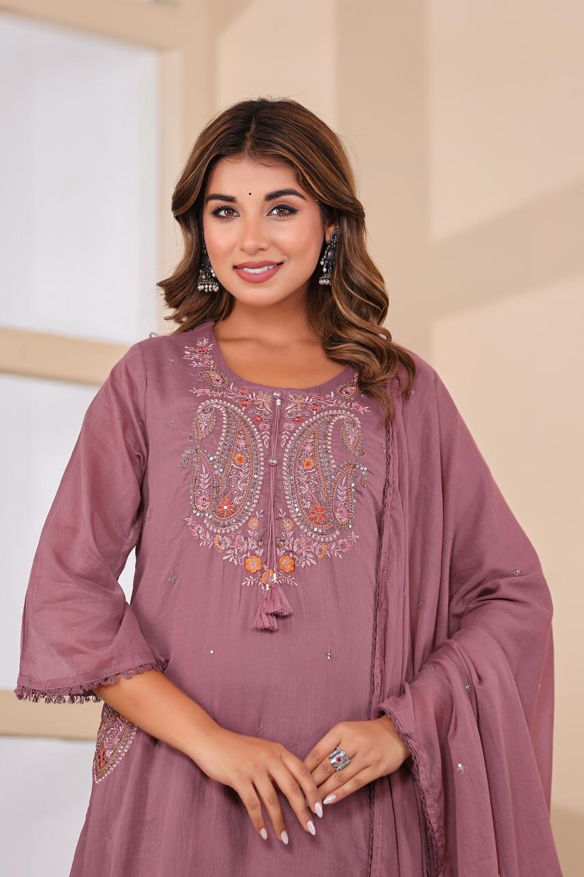 Premium Mul cotton purple paisley embroidered designer pocket suit set