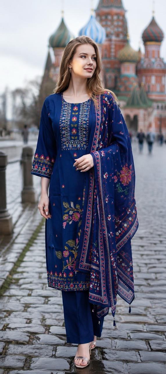 Mul silk with lining in Kalamkari full suit setin blue