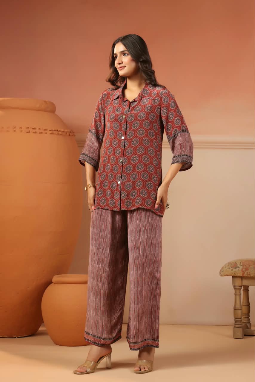 Pure crepe ajrakh co ord set in red
