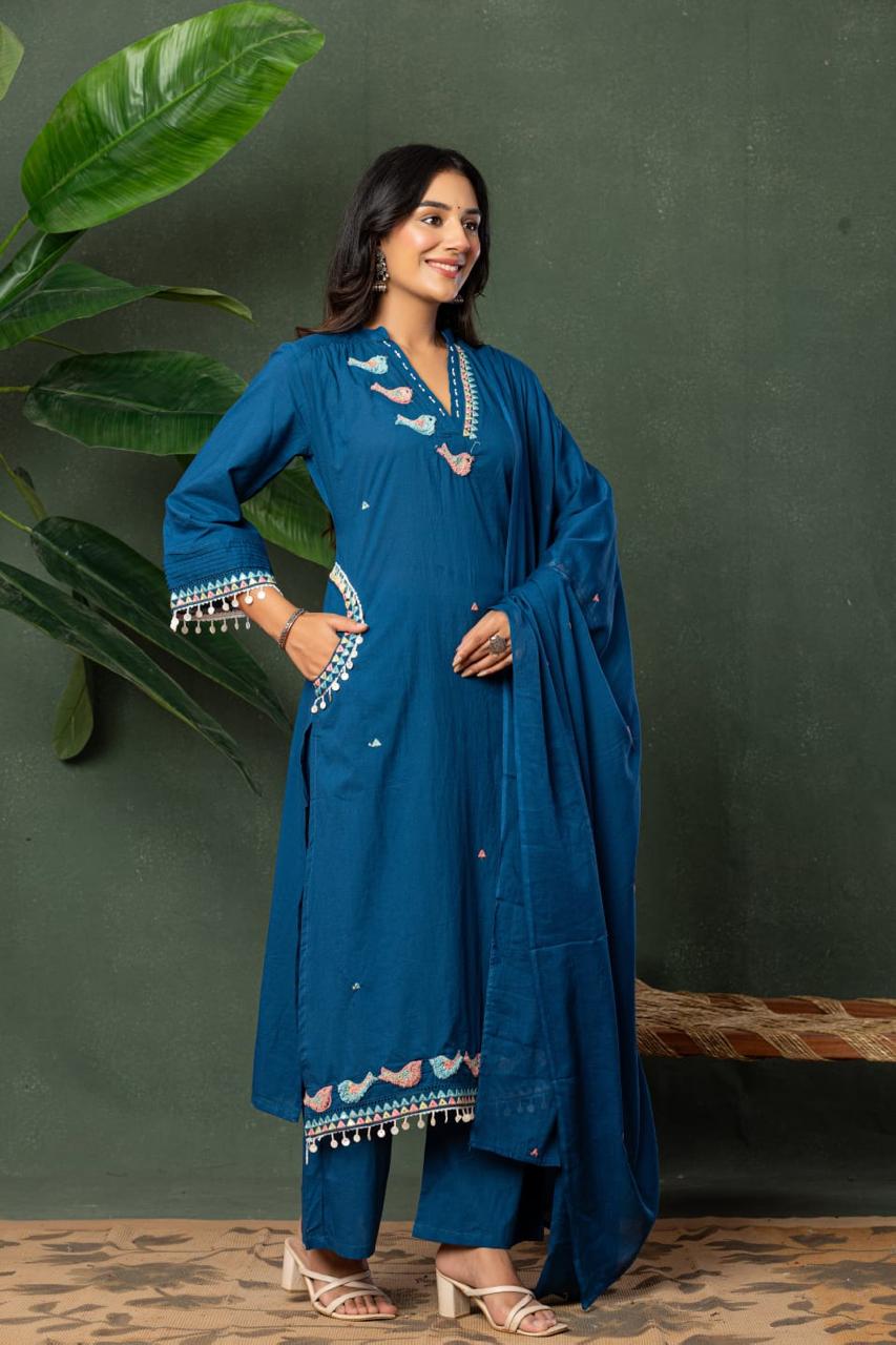Premium cotton designer pocket with pretty embroidery suit set in blue