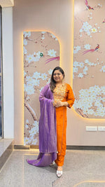 Designer back Russian silk with zari detailing suit set ( slight slim )