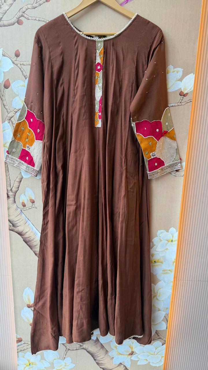 Pretty Mul chanderi full suit with beautiful handwork in brown