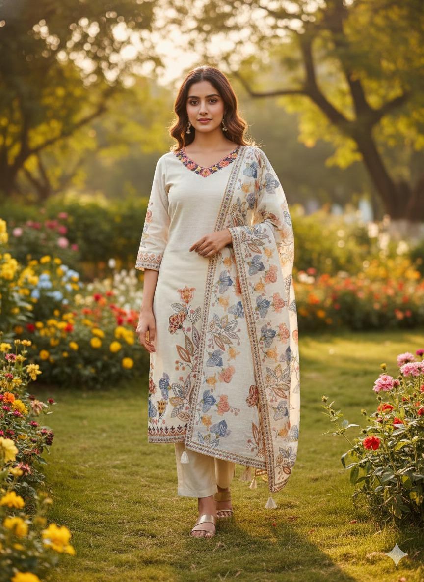 Linen cotton githan work full suit set