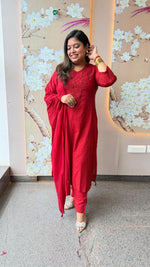 Silly cotton lace detailing full suit set with pockets in pant in red
