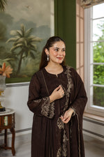 Brown Mul chanderi applique embroidered suit set in brown