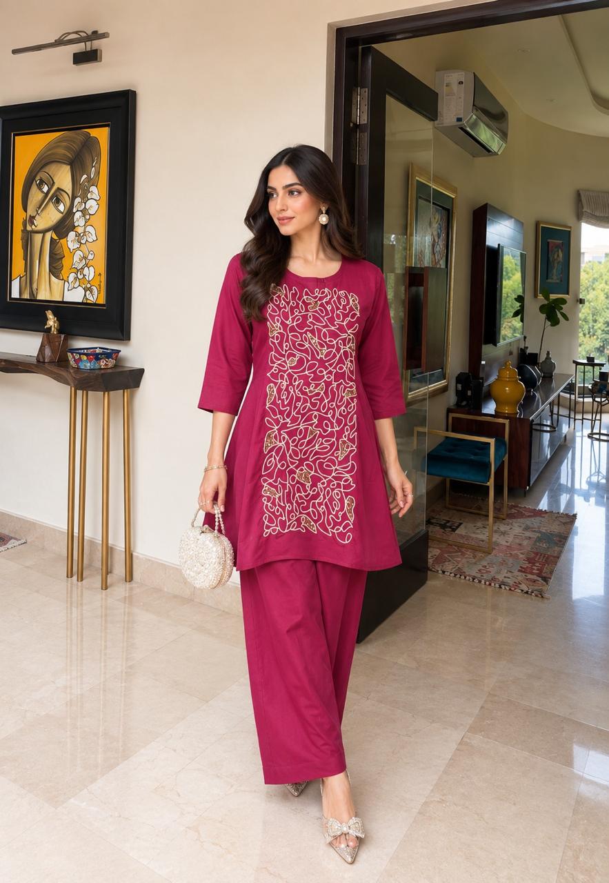 Fully embroidered cotton pink co ord